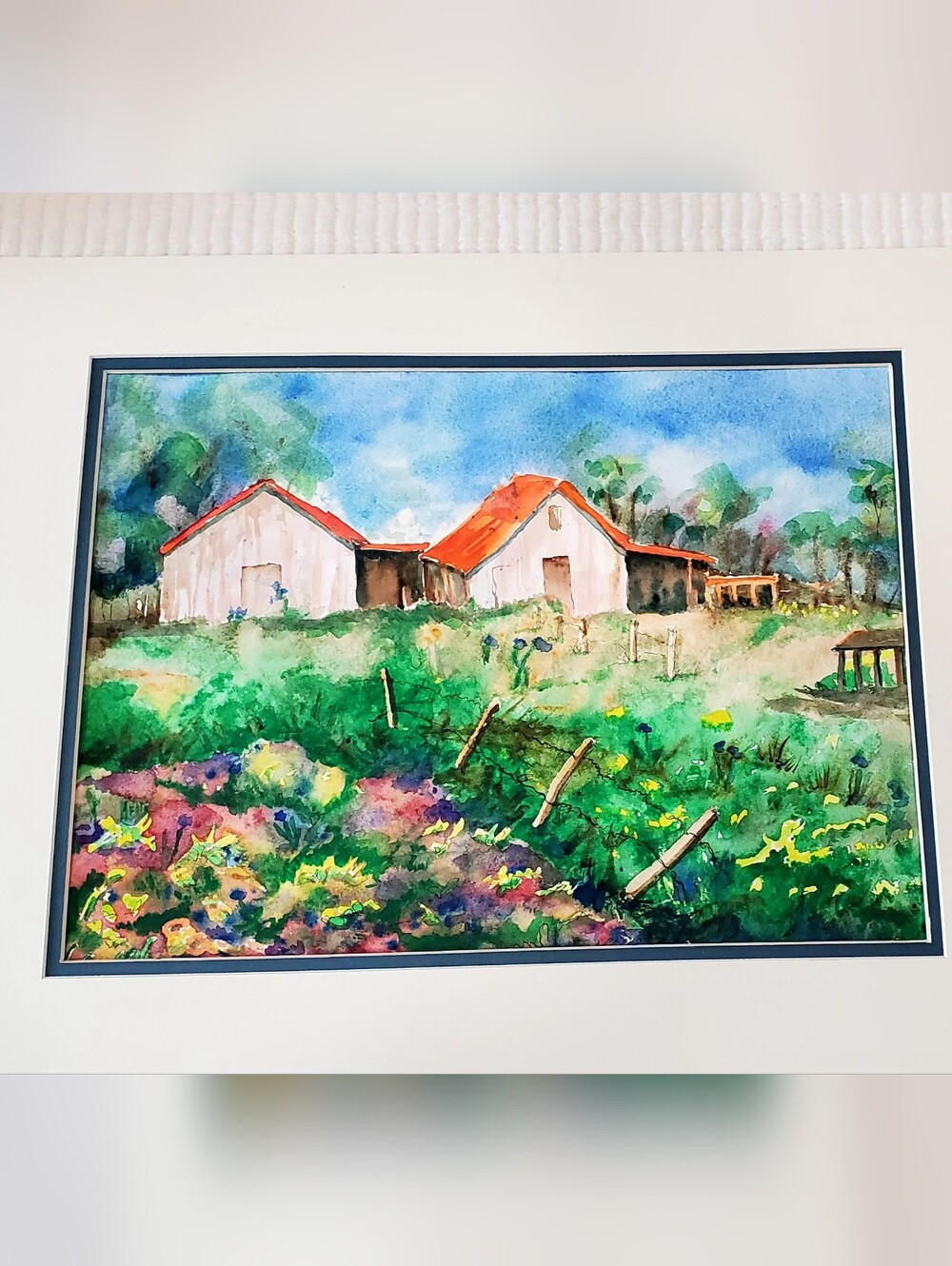 Original Watercolor Painting Red Roof Old Barn Wild Flowers Countryside 14"×18"